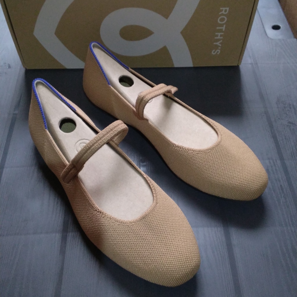 Rothy's Tan Mary Jane Flats with Blue Trim